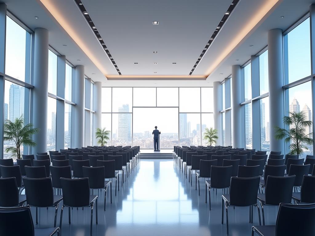 A modern, sunlit conference hall set up for a corporate event.