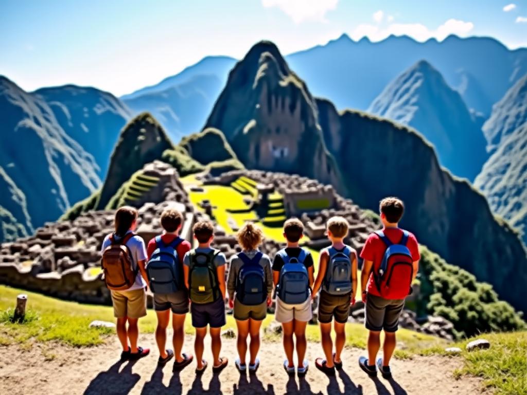 A small group of travellers looking at the ancient ruins of Machu Picchu.