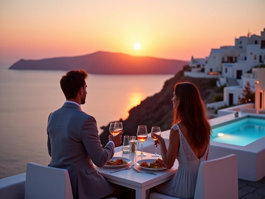 A couple enjoying a private dinner overlooking the Santorini caldera at sunset.