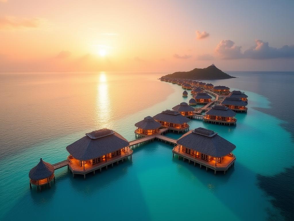 Aerial view of luxurious overwater villas in a crystal-clear turquoise lagoon.