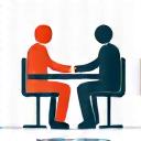 An icon of two people talking over a table.
