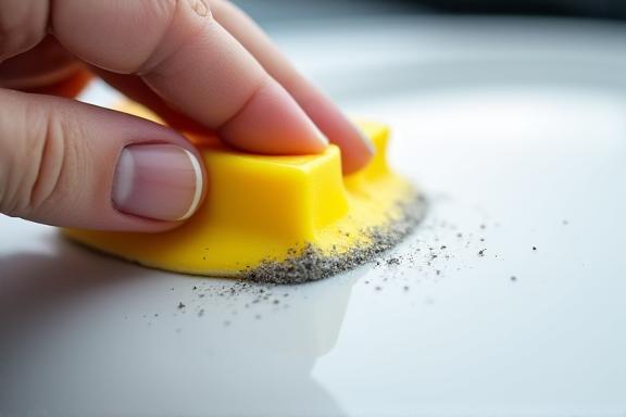 Close-up of a clay bar removing contaminants from a white car's paint.
